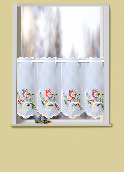 Fensterdekorationen - Kurzstore mit echter Plauener Stickerei und Stangendurchzug, in Größe 822 (H35xB 80 cm) bis 862 (H55xB144 cm), in Farbe WEISS-BUNT Ansicht 1