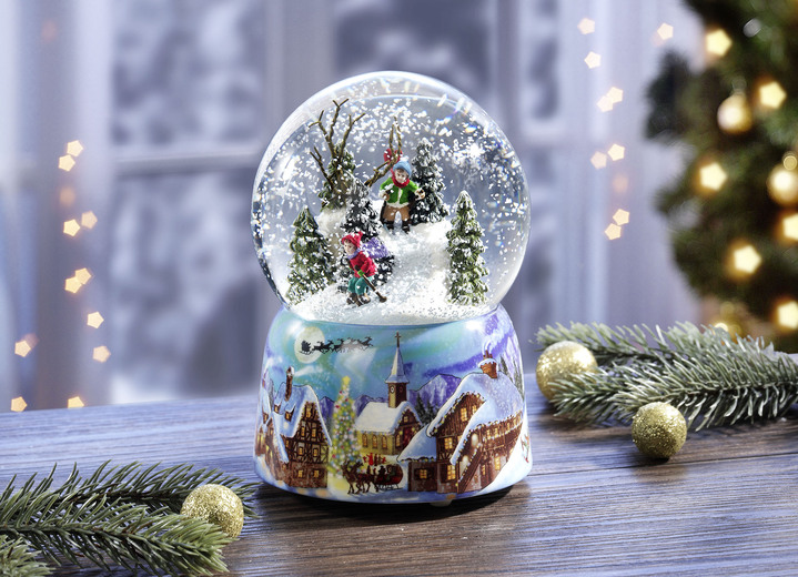 Weihnachtliche Dekorationen - Schneekugel mit mechanischem Spielwerk, in Farbe BLAU-WEISS-ROT