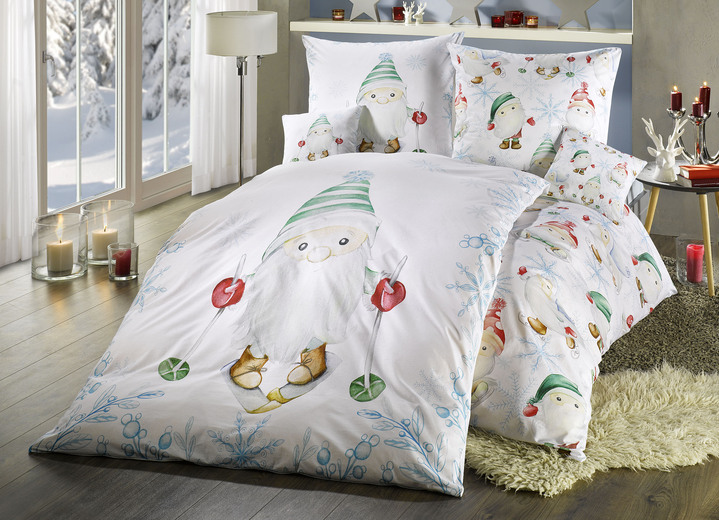 - Renforcé Bettwäsche-Garnitur mit Reißverschluss, in Größe 112 (80x80 cm + 135x200 cm) bis 404 (2er-Set Kissenbezüge 40x 40 cm), in Farbe HELLBLAU, in Ausführung mit großem Wichtel bedruckt