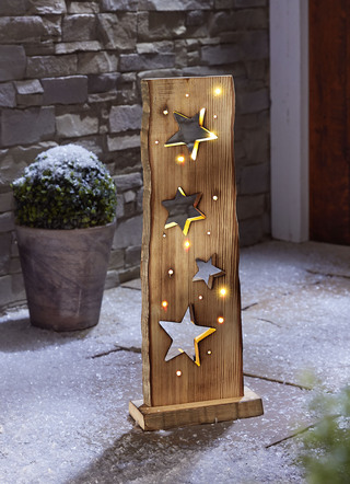 LED-Holzstele Sterne aus naturfarbenem Pinienholz