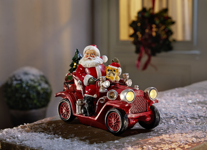 Weihnachtliche Dekorationen - Weihnachtsmann mit Oldtimer aus Polyresin, in Farbe BUNT