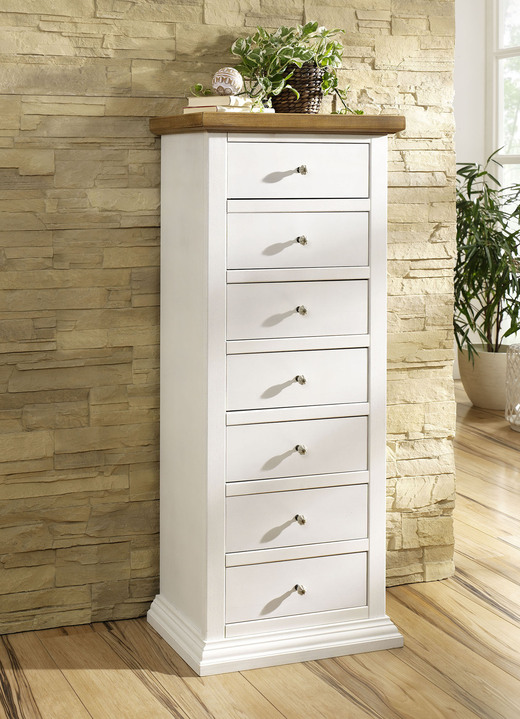 - Kommodenserie mit Griffen aus Metall und Keramik, in Farbe WEISS-NATUR, in Ausführung Schubladenkommode