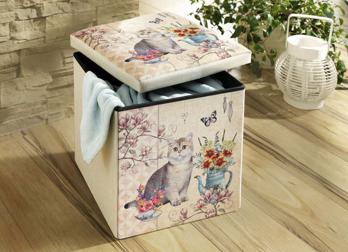 Dekoration - Sitzwürfel mit Katzenmotiv, in Farbe CREME