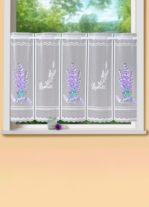 - Kurzstore mit Stangendurchzug und Lavendel-Motiv, in Größe 789 (H45xB128 cm) bis 860 (H60xB160 cm), in Farbe WEISS-FLIEDER