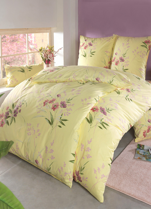 Bettwäschegarnituren - Bettwäsche-Garnitur in Soft-Renforcé Qualität von Florella, in Größe 111 (40x80 cm + 135x200 cm) bis 115 (80x80 cm + 155x220 cm), in Farbe GELB Ansicht 1