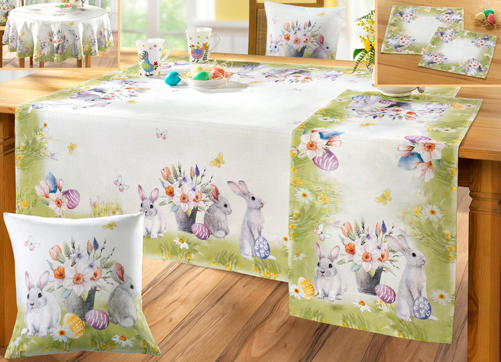 Tischdecken - Wohn-Accessoires mit zahlreiche Häschen Ostereier sowie Blumen-Gestecke, in Größe 101 (Läufer, 40x 90 cm) bis 404 (Kissenbezug, 40x 40 cm), in Farbe GRÜN