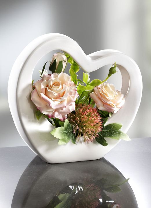 Kunst- & Textilpflanzen - Rosen-Gesteck in Herz-Keramikschale, in Farbe HELLROSA-CREME