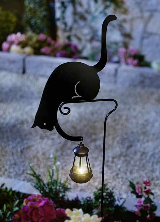 Leuchtende Dekoration - Solar-Gartenstecker Katze mit Laterne, in Farbe SCHWARZ