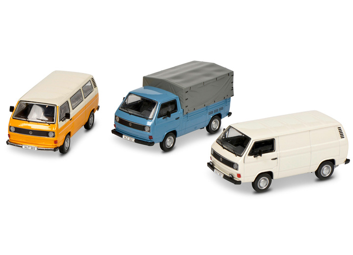 - VW T3 Modelle 40 Jahre, 3er-Set, in Farbe BLAU/GELB/WEISS