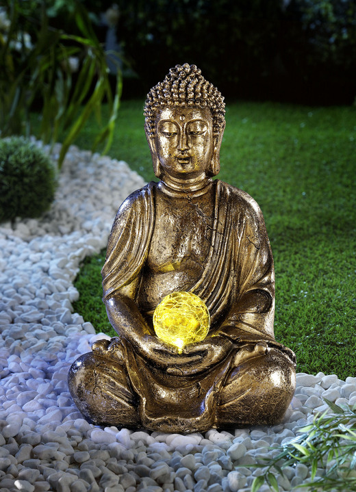 Leuchtende Dekoration - Buddha mit Solarkugel aus witterungsbeständigem Polyresin, in Farbe GOLD