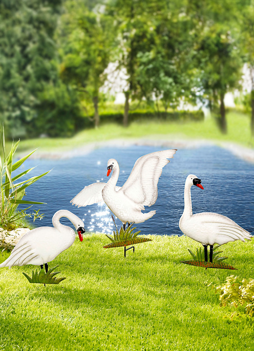 Gartendekoration - Handbemalte Gartenstecker in Form von Schwänen, 3er-Set, in Farbe WEISS Ansicht 2