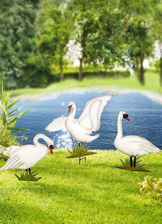Gartendekoration - Handbemalte Gartenstecker in Form von Schwänen, 3er-Set, in Farbe WEISS