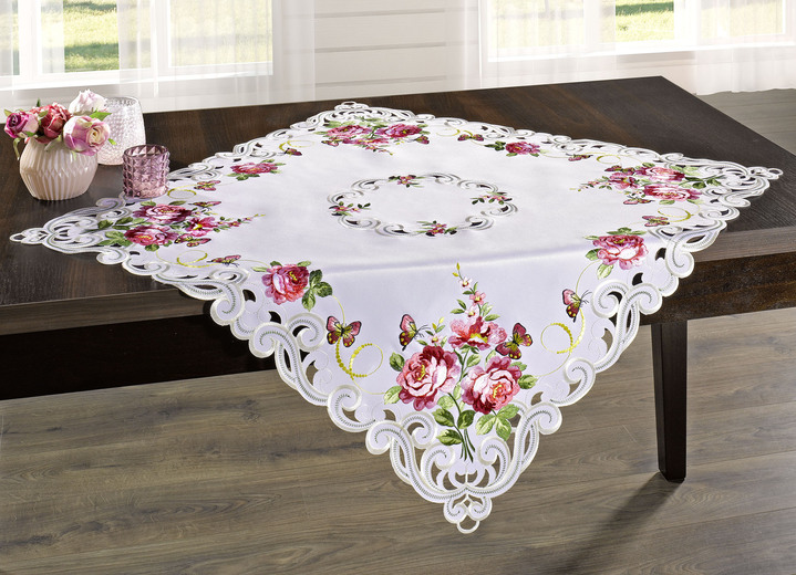 Tischdecken - Tisch- und Raumdekoration mit Rosen-Motiven, in Größe 101 (Deckchen oval, 35x 50 cm) bis 404 (Kissenbezug, 40x 40 cm), in Farbe SEKT-ROT-BUNT Ansicht 5