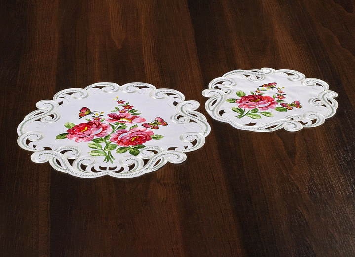 Tischdecken - Tisch- und Raumdekoration mit Rosen-Motiven, in Größe 101 (Deckchen oval, 35x 50 cm) bis 404 (Kissenbezug, 40x 40 cm), in Farbe SEKT-ROT-BUNT Ansicht 2