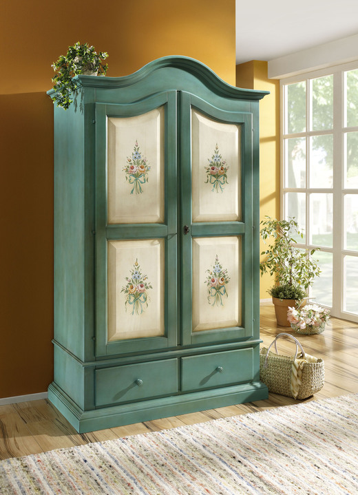 Landhausmöbel - Kleiderschrank in Landhaus-Optik, in Farbe TÜRKIS-GEBLÜMT