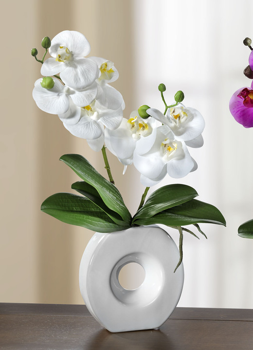Kunst- & Textilpflanzen - Orchidee in Vase, in Farbe WEIß, in Ausführung Orchidee weiß mit weißer Vase Ansicht 1