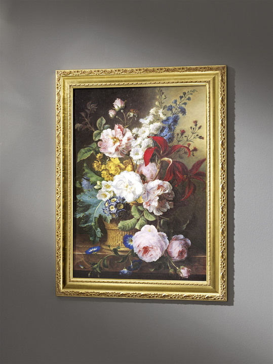 Blumen - Bild in Ölgemälde-Optik mit Kieferholz- Rahmen, in Farbe GOLD