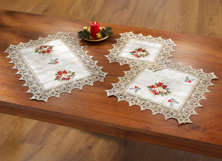 Heimtextilien - Festliche Tisch- und Raumdekoration mit Makrameeborte, in Größe 135 (Deckchen, 35x 50 cm) bis 404 (Kissenbezug, 40x 40 cm), in Farbe CREME-ROT Ansicht 1