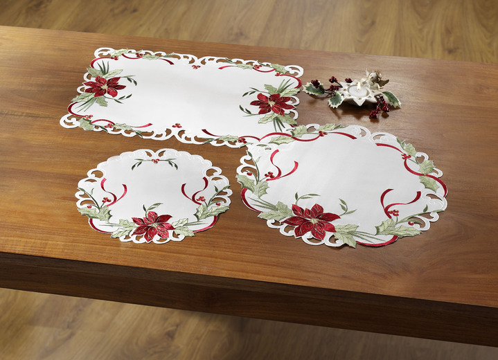 Tischdecken - Stimmungsvolle Tisch- und Raumdekoration mit Weihnachtsstern-Motiv, in Größe 101 (Deckchen 35x 50 cm) bis 404 (Kissenbezug, 40x 40 cm), in Farbe SEKT-ROT Ansicht 1