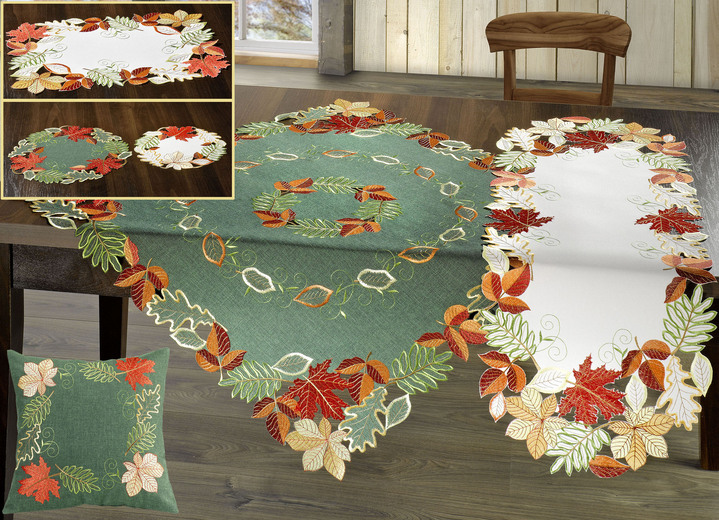 Kissenbezüge - Herbstliche Tisch- und Raumdekoration mit Blattmotiven, in Größe 101 (Deckchen, 35x 50 cm) bis 404 (Kissenbezug, 40x 40 cm), in Farbe WEIß-BUNT Ansicht 1