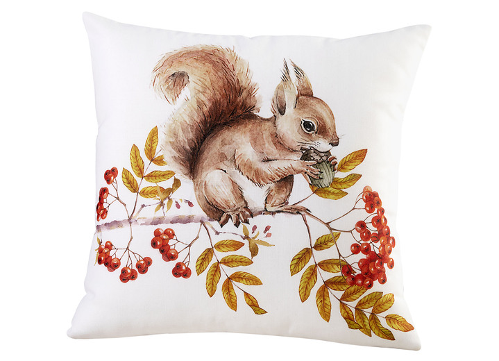 Inspirationen - Kissenbezüge mit Eichhörnchen-Motiven, in Farbe BUNT, in Ausführung Eichhörnchen auf Zweig Ansicht 1