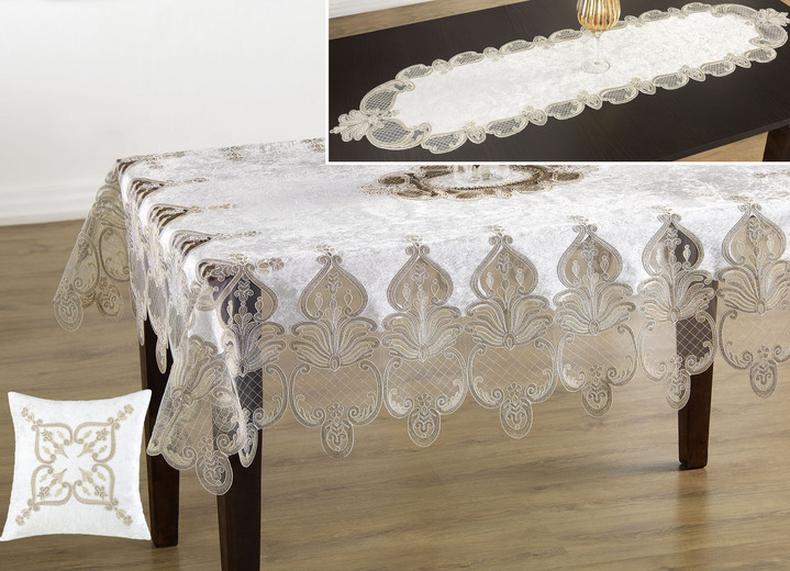 Tischdecken - Tisch- und Raumdekoration mit filigran gearbeiteten Motiven, in Größe 130 (Läufer, 40x150 cm) bis 404 (Kissenbezug, 40x 40 cm), in Farbe CREME Ansicht 1