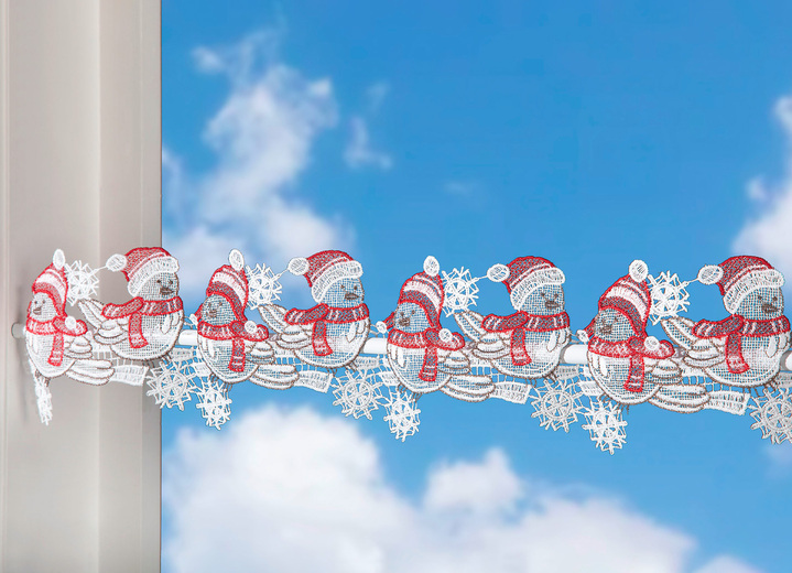 Fensterbilder - Stangendekoration Wintervögel aus echter Plauener Spitze, in Größe 628 (H12xB41 cm) bis 660 (H12xB108 cm), in Farbe WEIß-ROT