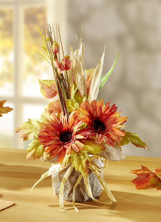 - Gesteck in Jutesack, in Farbe ORANGE, in Ausführung Gesteck Gerbera Ansicht 1