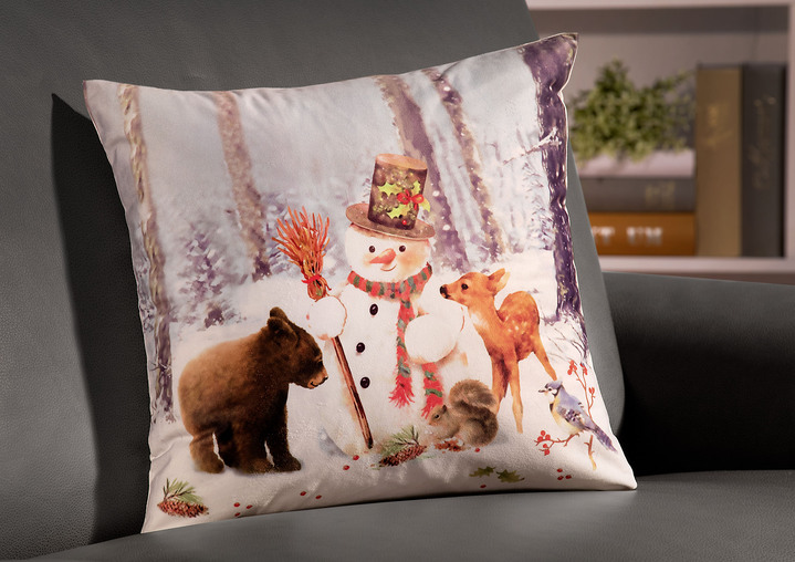 Weihnachtliche Dekorationen - Kissenbezug „Schneemann mit Tieren“, in Farbe BUNT