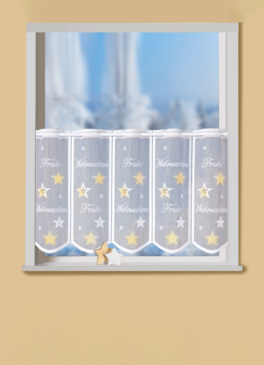 Landhaus & Küche - Handkolorierter Kurzstore mit Stangendurchzug, in Farbe WEISS-GELB Ansicht 1