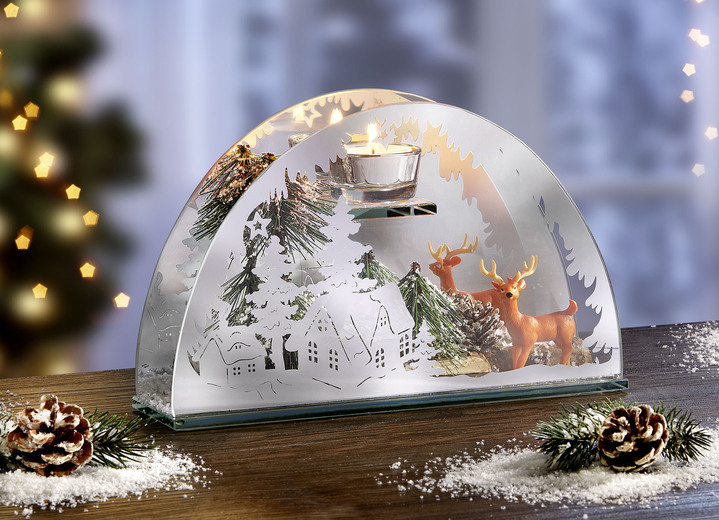 Weihnachtliche Dekorationen - Teelichthalter aus Glas, in Farbe WEIß-GRÜN