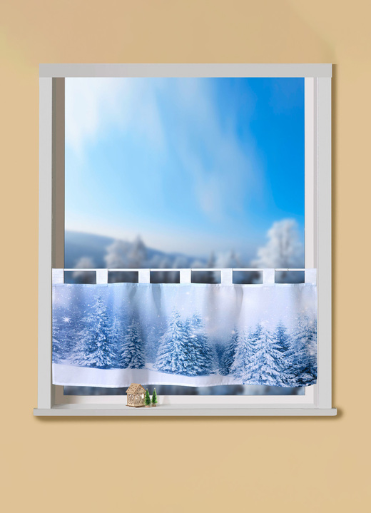 Fensterdekorationen - Kurzstore Winterwald mit Schlaufen, in Farbe WEISS-BLAU Ansicht 1