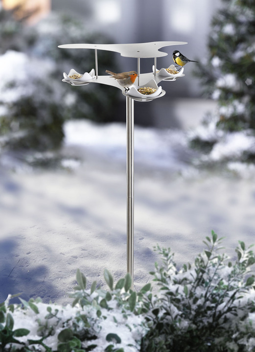 Winterlicher Garten - Vogel-Hotel aus gebürstetem Edelstahl, in Farbe SILBER Ansicht 1