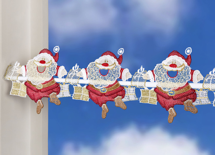 Fensterbilder - Stangendekoration Santa aus Plauener Spitze, in Größe 626 (H15xB 35 cm) bis 662 (H15xB116 cm), in Farbe BUNT