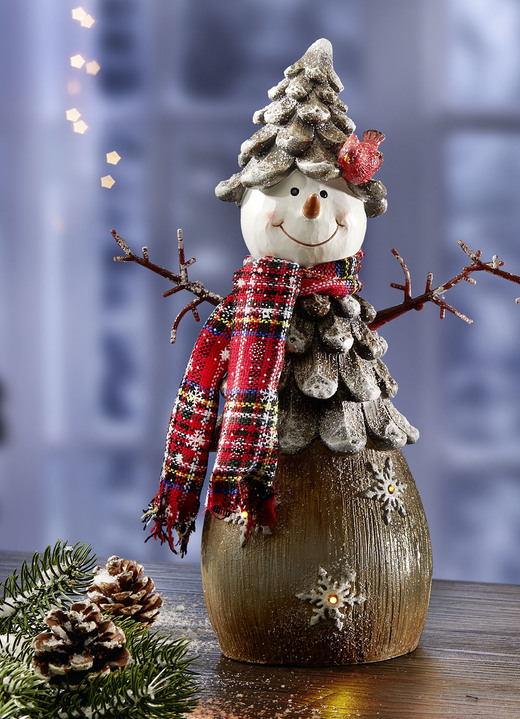 Weihnachten - Beleuchteter Schneemann aus Polyresin, in Farbe BRAUN-ROT, in Ausführung Schneemann mit Zapfenhut Ansicht 1