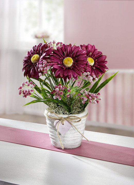 - Gerbera-Gesteck aus hochwertigem Kunst- und Textilmaterial, im Topf, in Farbe GRÜN-LILA