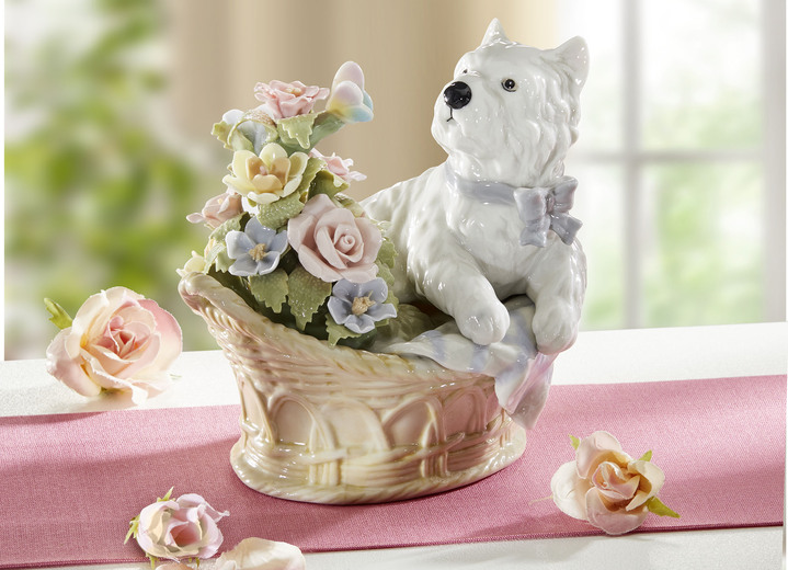 Figuren - Spieluhr Hund im Blumenkorb aus Porzellan, in Farbe CREME-WEIß