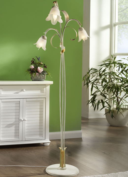 - Stehleuchte mit blütenförmigen Lampenschirmen, in Farbe CREME-GOLD