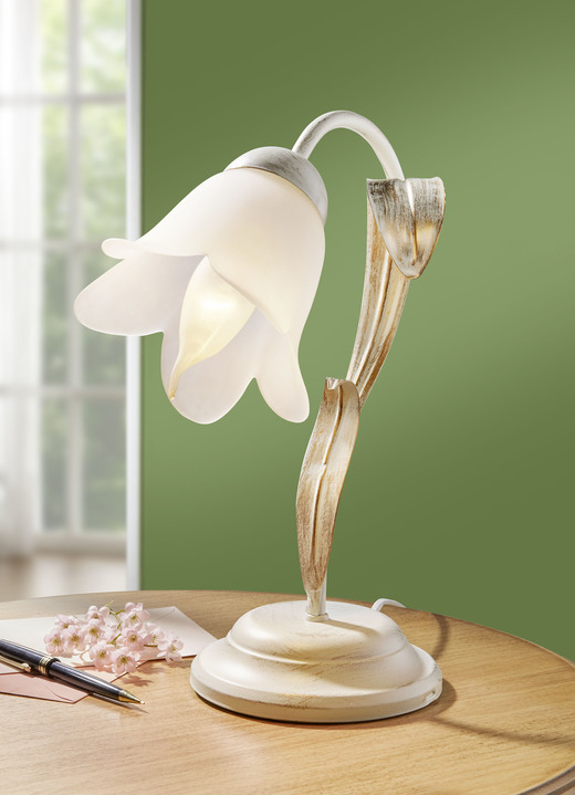 - Tischleuchte mit blütenförmigen Lampenschirm, in Farbe CREME-GOLD