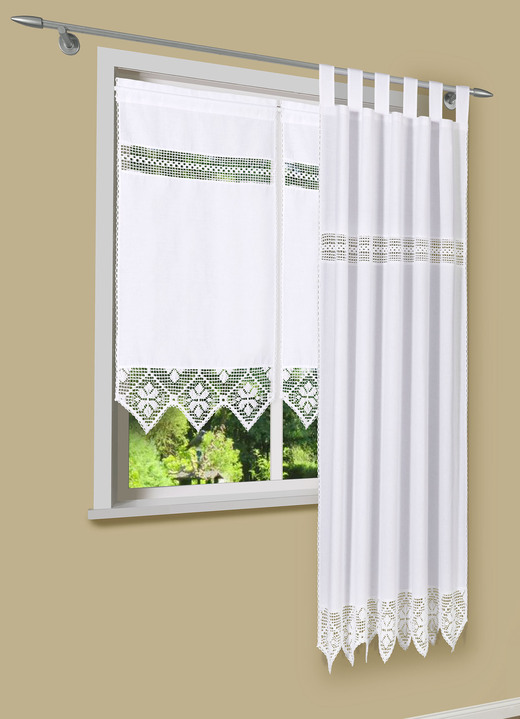 Klassisch - Hochwertige und blickdichte Fensterdekoration Ansicht 2 Klassisch - Hochwertige und blickdichte Fensterdekoration, in Größe 361 (Seitenschal, H150xB120 cm) bis 827 (Scheiben-Gardine, H130xB50 cm), in Farbe WEISS Ansicht 2
