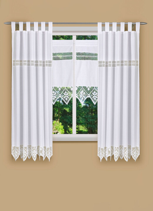 Klassisch - Hochwertige und blickdichte Fensterdekoration, in Größe 361 (Seitenschal, H150xB120 cm) bis 827 (Scheiben-Gardine, H130xB50 cm), in Farbe WEISS Ansicht 1