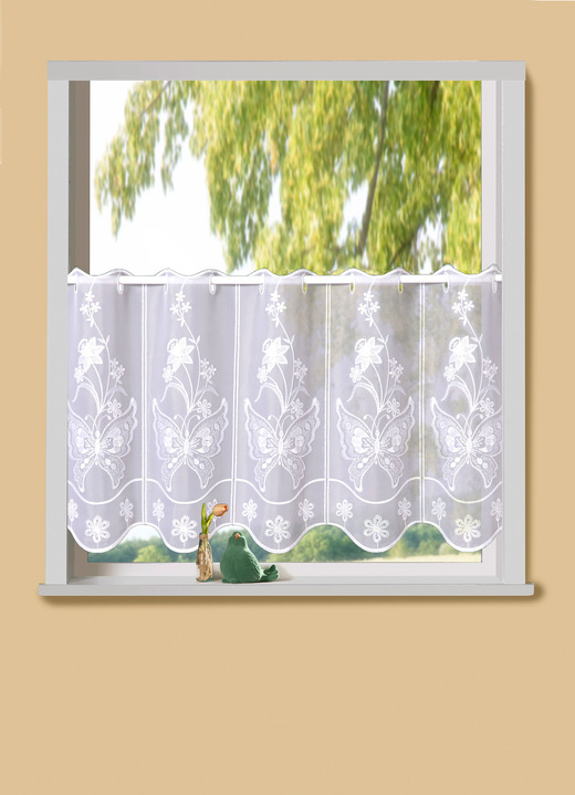 Landhaus & Küche - Kurzstore Schmetterling mit Plauener Stickerei, in Größe 788 (H40xB 95 cm) bis 860 (H65xB160 cm), in Farbe WEISS-WEISS Ansicht 1