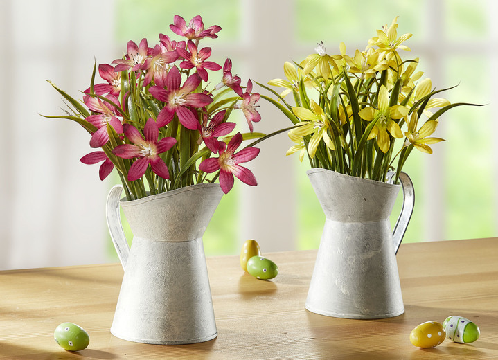 Kunst- & Textilpflanzen - Sternblumen in weißer Metallkanne, in Farbe ROSA
