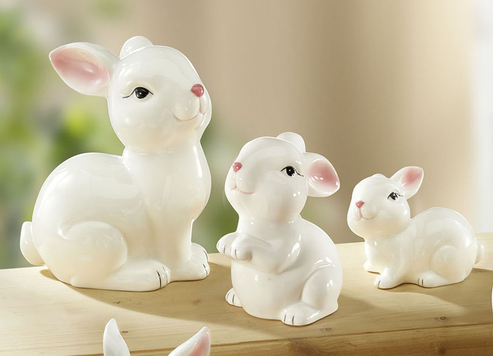 Ostern - Hasenfiguren aus Keramik, in Farbe WEISS-ROSA, in Ausführung 3er-Set, sitzend Ansicht 1