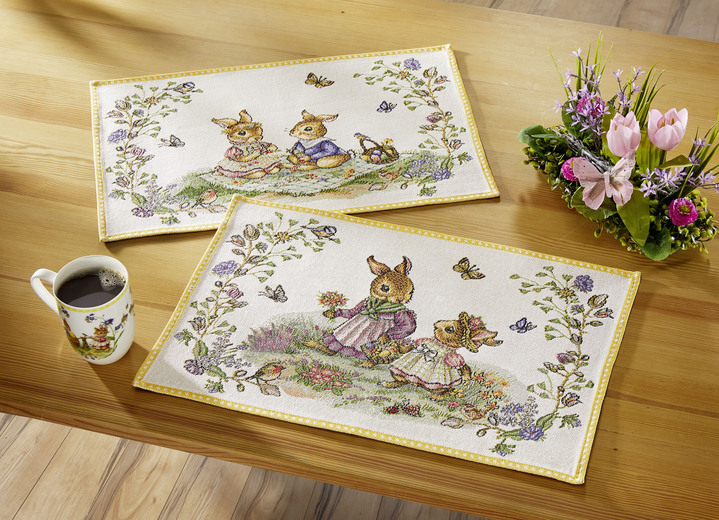 Tischdecken - Tolle Platzdeckchen aus dem Hause Villeroy & Boch, in Farbe CREME-GELB, in Ausführung Zwei Häschen beim Picknick Ansicht 1