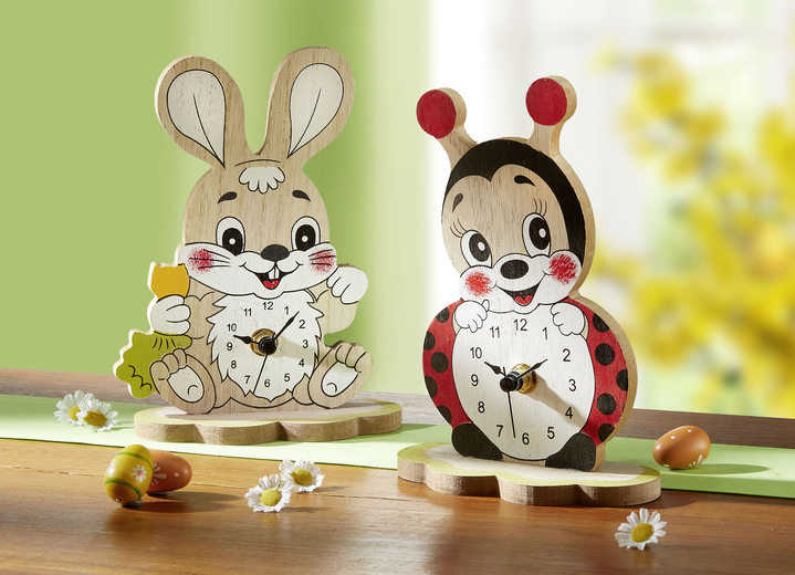 Ostern - Batteriebetriebene Tischuhr aus Holz, in Farbe WEISS-ROT, in Ausführung Tischuhr Marienkäfer Ansicht 1