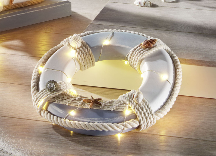 Maritim - Maritime LED-Dekoration aus Holz, in Farbe WEISS-BLAU, in Ausführung Rettungsring zum Aufhängen