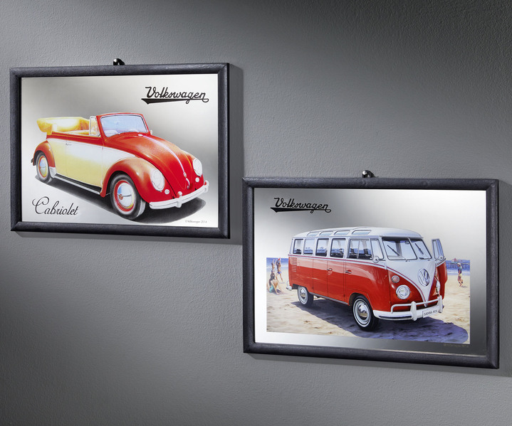 - Nostalgiesches Spiegelbild aus Glas, in Farbe ROT, in Ausführung Spiegelbild VW-Cabrio