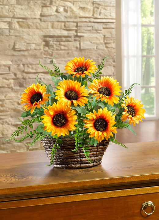Inspirationen - Sonnenblumen-Gesteck in Weidenkorb, in Farbe GELB-GRÜN