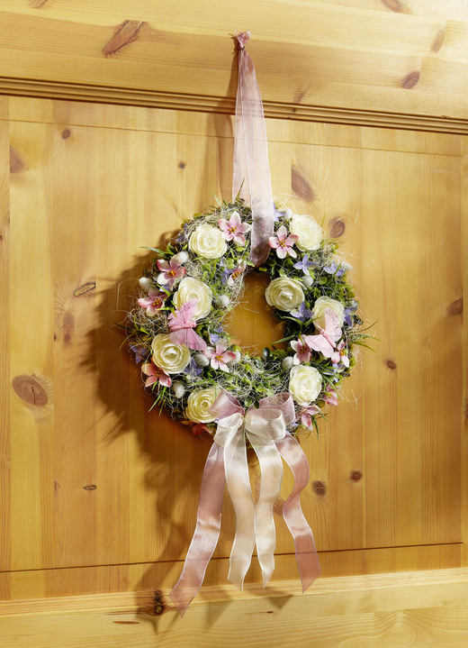 Osterkränze & Gestecke - Wandkranz mit Ranunkeln und rosafarbenen Blüten, in Farbe GRÜN-WEISS